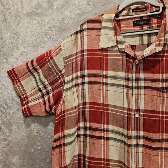 Van Heusen Mens XXL breathable Linen Plaid Red Gray Business casual vacation - Picture 9 of 14
